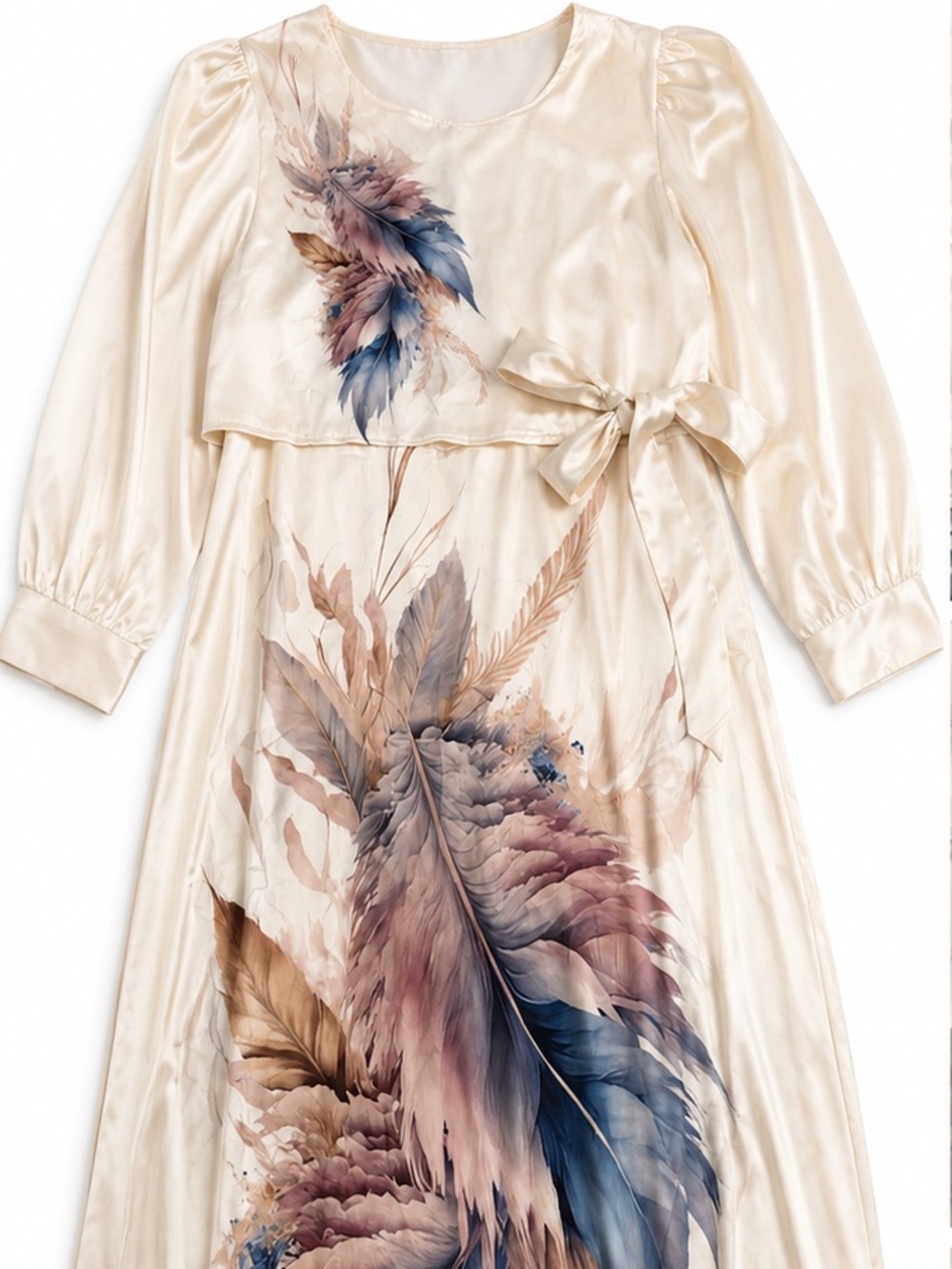 Source Unknown Cream Maxi Dress with Pink and Blue Feather Print